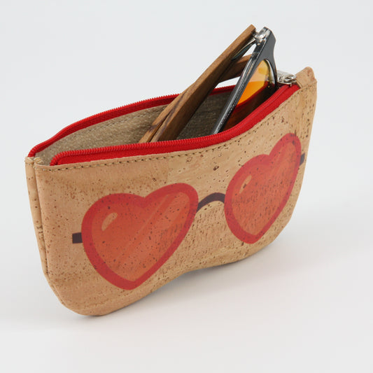 Kork Brillenetui - Motiv Herz-Brille rot - Vegan - weiches Futteral Marke Artipel
